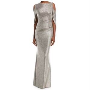 Talbot Runhof Bare Shoulder Drape Back Metallic Long Column Evening Gown size 6
